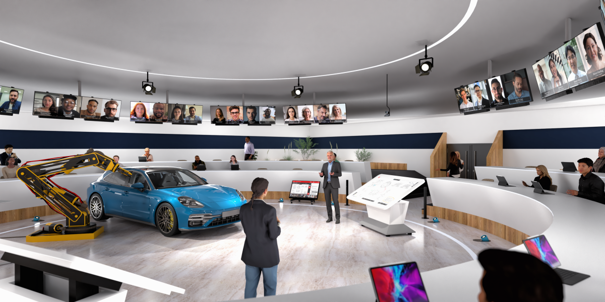 X2O OneRoom hybrid training session with remote and in-room participants engaging in an interactive automotive manufacturing training.