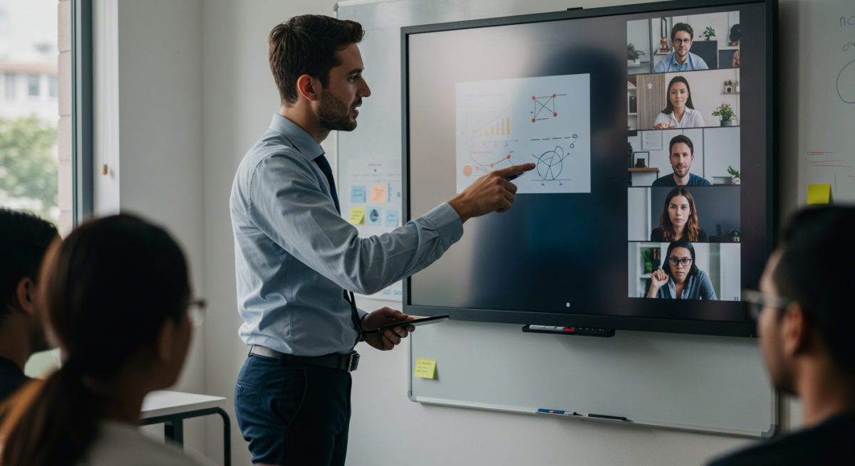 Mitarbeiter in einer virtuellen Schulungseinheit am Laptop